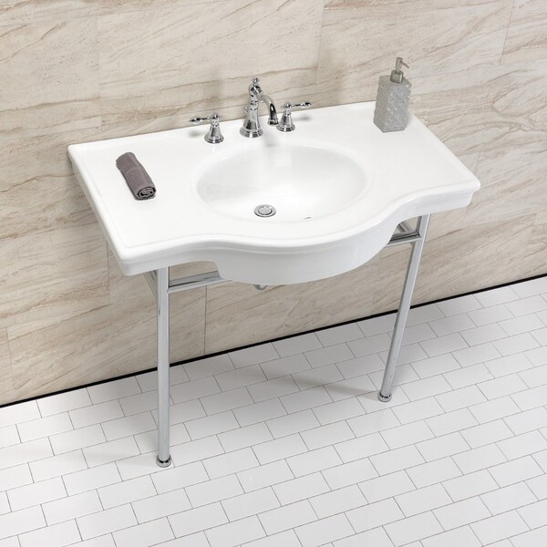 37 Ceramic Console Sink With Stainless Steel Legs, White/Polished Chrome